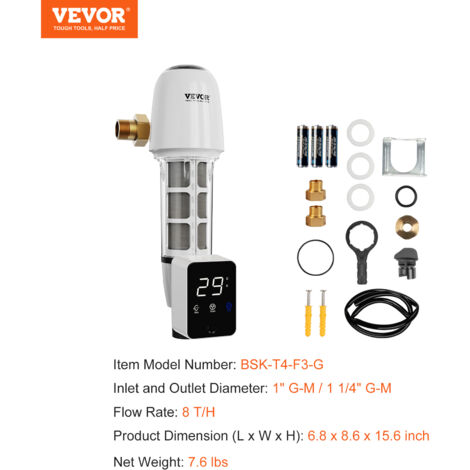 Filtro Per Sedimenti VEVOR Per Tutta Casa, 40 Micron, Dimensioni 151x137x274 Mm, Portata 4T/h, Con Manometro E Controlavaggio