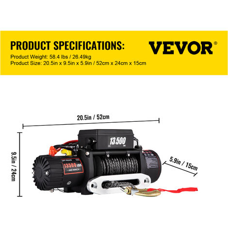 VEVOR Cabestrante Electrico 6123,5 kg Cabrestante Electrico 12 V de Cuerda de Sintetica Resistente de 24 m Cabrestante Electrico Polipastos Electricos con Control Remoto Inalámbrico y Motor 4,8 kW