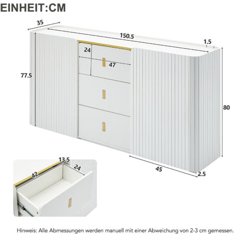 Commode 3 Portes Avec éclairage LED - Dimensions 140x40x60 Cm - Finition Brillante Blanc - Étagères Réglables, Commande Smartphone
