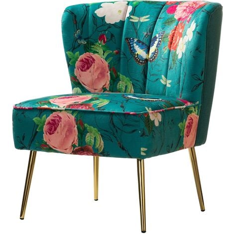Chaise de Salon avec Pieds en Métal, Fauteuil Confortable en Tissu Floral,  Chaise Tapissée pour Salon