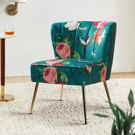Chaise de Salon avec Pieds en Métal, Fauteuil Confortable en Tissu Floral,  Chaise Tapissée pour Salon