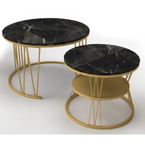 Futurefurniture®Table basse, tables gigognes, design tambour élégant, lot de 2, table d'appoint, cadre doré, tables rondes avec motif en marbre (noir)