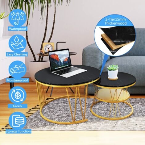Futurefurniture®Table basse, tables gigognes, design tambour élégant, lot de 2, table d'appoint, cadre doré, tables rondes avec motif en marbre (noir)