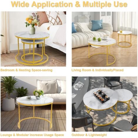 Table basse Futurefurniture®, table gigogne, blanche, lot de 2, table d'appoint, cadre doré, tables rondes avec motif en marbre, tables en bois, salon, chambre