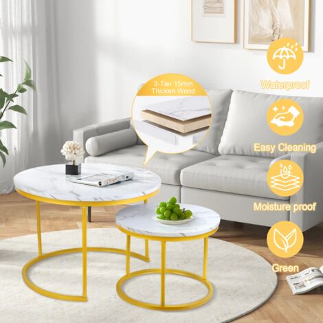 Table basse Futurefurniture®, table gigogne, blanche, lot de 2, table d'appoint, cadre doré, tables rondes avec motif en marbre, tables en bois, salon, chambre