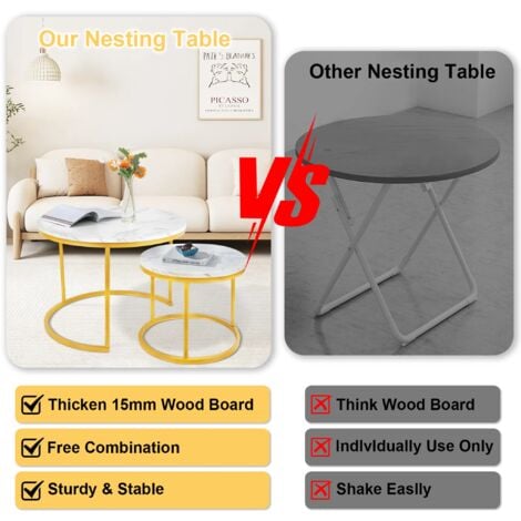 Table basse Futurefurniture®, table gigogne, blanche, lot de 2, table d'appoint, cadre doré, tables rondes avec motif en marbre, tables en bois, salon, chambre