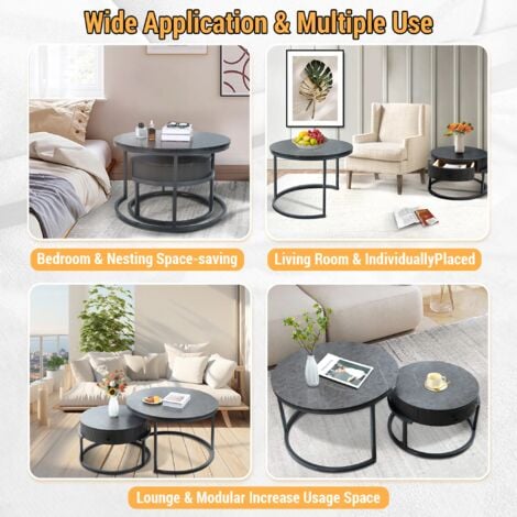 Futurefurniture®Table basse avec tiroirs, tables gigognes, gris, lot de 2, table d'appoint, cadre gris, tables rondes avec motif en marbre, salon, chambre