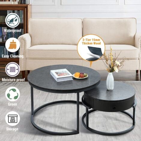 Futurefurniture®Table basse avec tiroirs, tables gigognes, gris, lot de 2, table d'appoint, cadre gris, tables rondes avec motif en marbre, salon, chambre