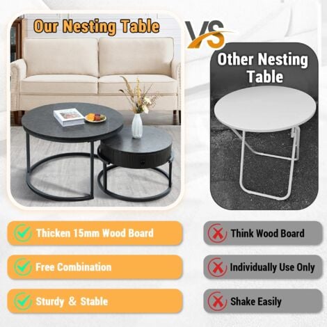 Futurefurniture®Table basse avec tiroirs, tables gigognes, gris, lot de 2, table d'appoint, cadre gris, tables rondes avec motif en marbre, salon, chambre