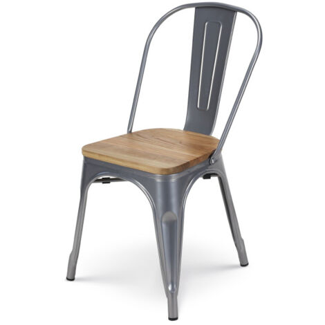 Silbergrauer Metallstuhl mit Sitz aus hellem Massivholz Industrial Style