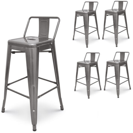 Set mit 4 Barhockern aus rohem Metall verzinkt im Industriestil - Mit Rückenlehne - Höhe 66cm
