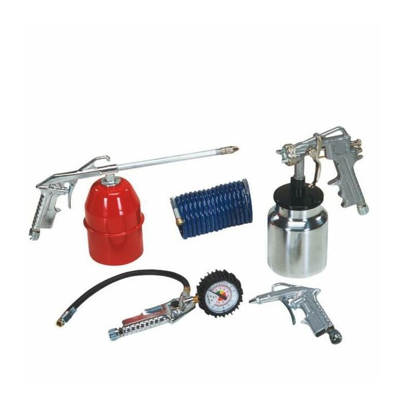 kit compressore completo composto da: 1aerografo con serbastoio, 1 pistola  gonfiaggio, 1 pistola lavaggio, 1 pistola