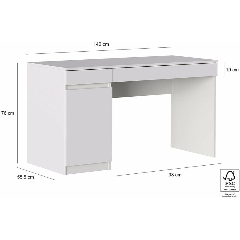 Bureau 140x55,5 cm avec une porte et deux tiroirs blanc mat série Helsinki  Blanc