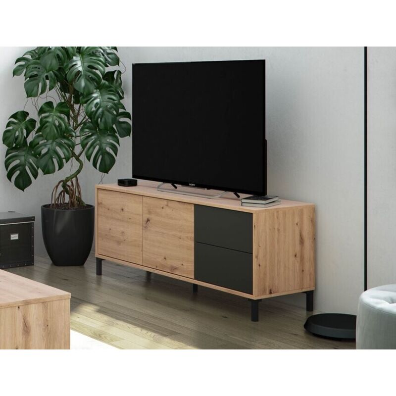 Meuble TV Style Scandinave ROSS Noir - 130x38x46 Cm - Avec Tiroirs, Armoire Et Étagères - Happy Garden