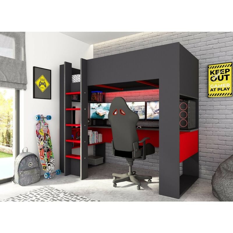 Lit Gamer pour enfant Noir graphite et Rouge avec bureau - Abitare
