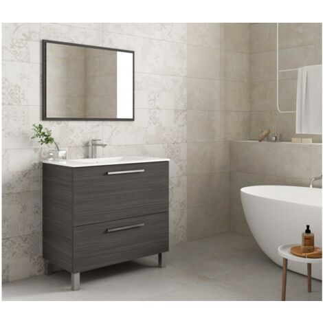 Meuble de salle de bain au sol 80 cm gris cendre avec miroir - Leeds - Gris cendré Avec double colonne et lampe LED - Colore: Grigio cenere - Accessorio: Standard (1/10)