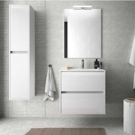 Meuble De Salle De Bain Suspendu 60 Cm Blanc Laque Avec Lavabo En Porcelaine Avec
