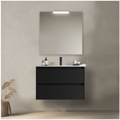 Meuble de salle de bain suspendu 80 cm en bois noir satiné avec vasque intégré - Nova - Avec miroir et lampe LED (1/5)