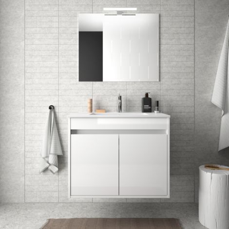 Meuble de salle de bain suspendu 70 cm Blanc laque avec deux portes | Standard