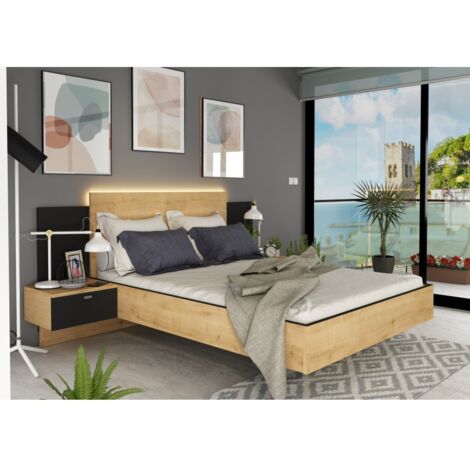 Vente-Unique – Lit adulte 140x190 cm chêne mélaminé et graphite – Tête de lit avec lumière LED – 2 tables de chevet suspendues – Design moderne
