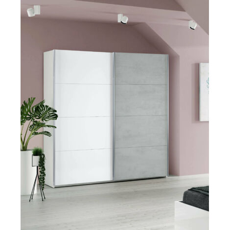 Armoire 150x60x200h cm avec 2 portes coulissantes blanc mat et effet béton – Urano