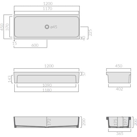 Lavabo à caniveau 120x45x20 blanc - Galassia Ninive