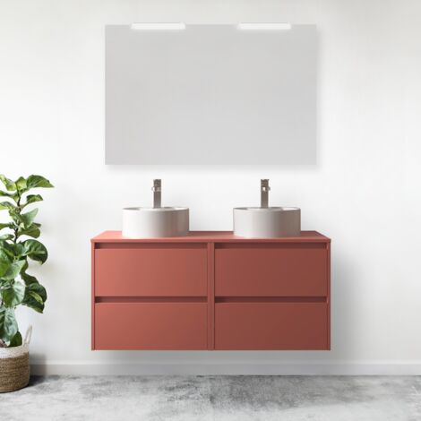 Meuble de salle de bain suspendu 120 cm en bois rouge satiné avec vasque à poser - Nova - Avec miroir et double lampe LED (1/5)