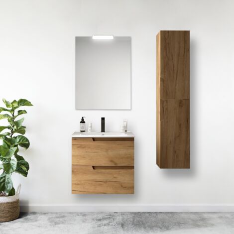 Meuble de salle de bain suspendu 80 cm en bois de chêne africain avec vasque intégré - Vanda - Standard (1/5)