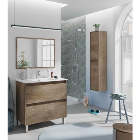 Meuble de salle de bain au sol 80 cm Nordik avec miroir - Ravenna - Couleur Avec colonne et lampe LED