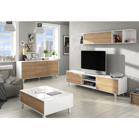 Meuble TV Modulaire Essential 260 Cm - Chêne Canadien Et Blanc Brillant - Avec Vitrines LED Et étagère - Dimensions 185x260x42 Cm