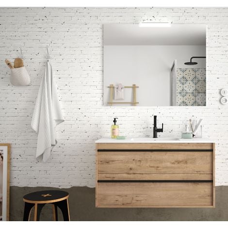 Meuble de salle de bain suspendu 100 cm Nevada en bois couleur chêne  ostippo avec lavabo en porcelaine 100 cm - Standard