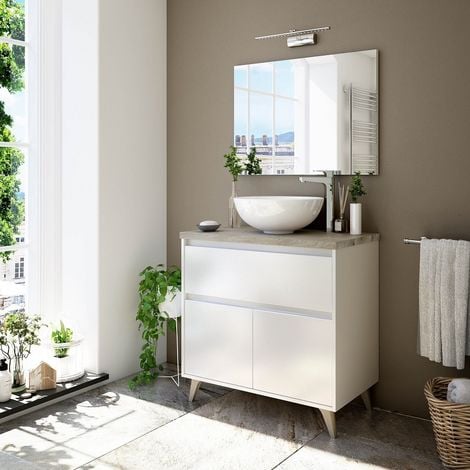 Meuble de salle de bain sur pied 80 cm blanc brillant et chêne avec Lavabo ronde à poser | Blanc brillant - 80 cm - Standard