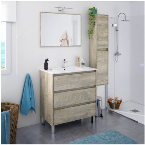 Meuble De Salle De Bain Sur Le Sol 80 Cm Chene Avec Miroir Et Lavabo Couleur Avec Lampe Led