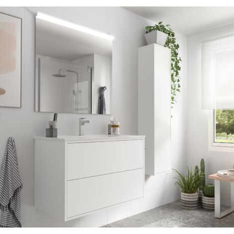 Meuble de salle de bain suspendu 80 cm en bois blanc mat avec vasque intégré - Olympus - 80 cm Avec double colonne miroir et lampe à LED - Accessorio: Con colonna specchio e lampada LED - Misura: 80 (1/5)