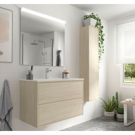 Meuble de salle de bain suspendu 80 cm Ulisse en bois couleur Nordik avec  lavabo en