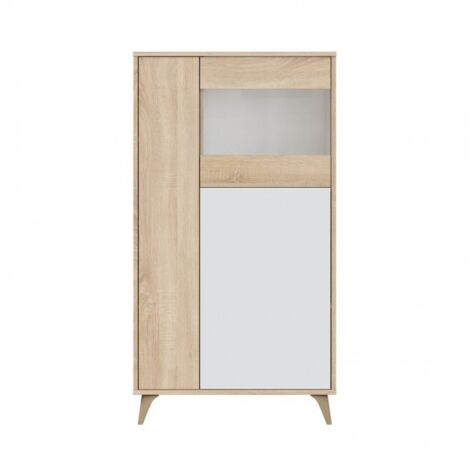 Abitare – Vitrine de séjour 142x33x77 cm blanc mat et chêne – 3 portes – Rangement sécurisé pour objets lourds – Compatible collection Nuoro (1/5)