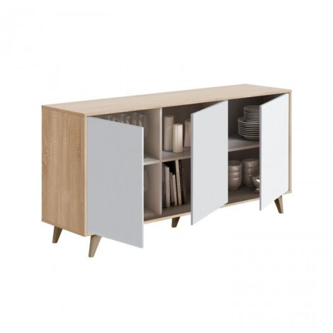 Buffet 3 portes 150x40 cm blanc mat et chêne - Nuoro