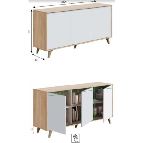 Buffet 3 portes 150x40 cm blanc mat et chêne - Nuoro