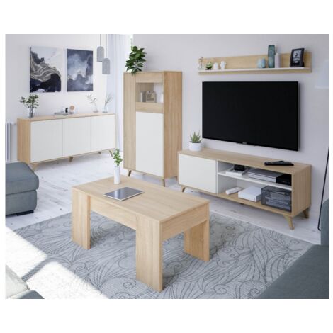 Buffet 3 portes 150x40 cm blanc mat et chêne - Nuoro