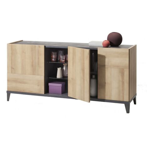 Abitare – Buffet 180 cm chêne et gris – 3 portes, 1 compartiment, 2 étagères en verre – Panneau mélaminé résistant aux chocs et rayures (1/5)