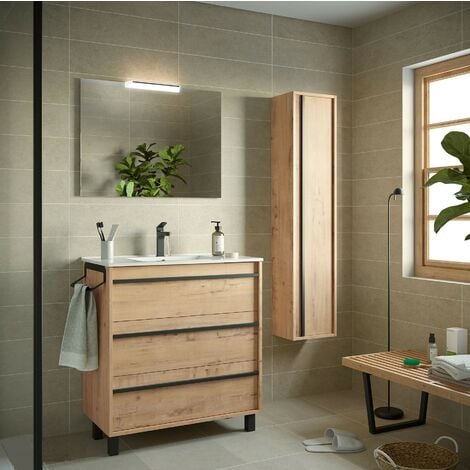 Meuble de salle de bain sur le sol 80 cm Nevada en bois couleur chêne  ostippo avec lavabo en porcelaine 80 cm - Standard