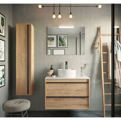 Meuble de salle de bain suspendu 80 cm Nevada en bois couleur chêne ostippo  avec lavabo à poser 80 cm - Standard