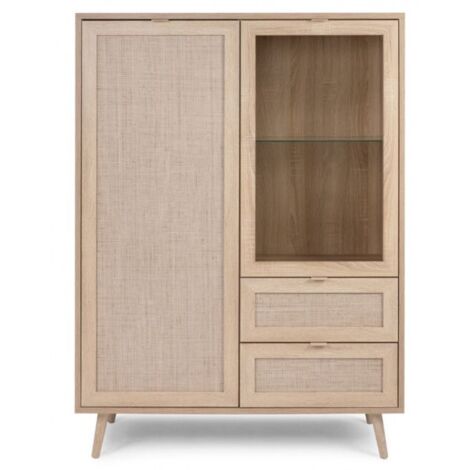 Abitare – Vitrine 139 cm chêne clair avec 2 portes et 4 étagères dont 1 en verre – Bords en ABS – Pieds modernes 16 cm