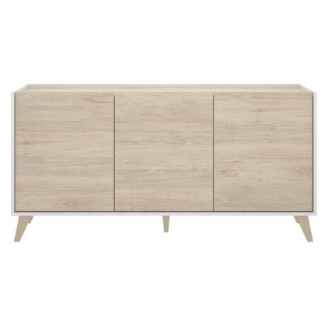 Buffet 155 cm blanc mat et chêne naturel avec trois portes - Corato