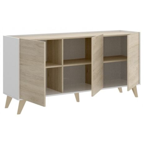 Buffet 155 cm blanc mat et chêne naturel avec trois portes - Corato