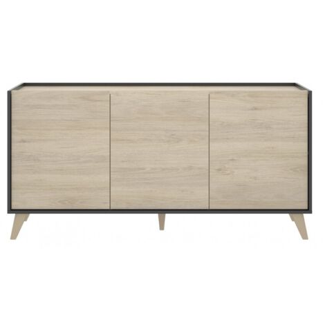 Abitare – Buffet 155 cm graphite et chêne naturel – 3 portes – Panneaux de particules laminés – Style nordique pour salon