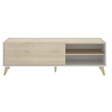 Abitare – Meuble TV 155x43x47 cm blanc mat et chêne naturel – Abattant et 2 compartiments – Compatible téléviseurs jusqu’à 65 pouces (1/5)