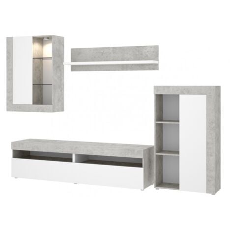 Meuble TV de salon 120 cm Blanc mat et Ciment avec 2 portes - Caesaroo