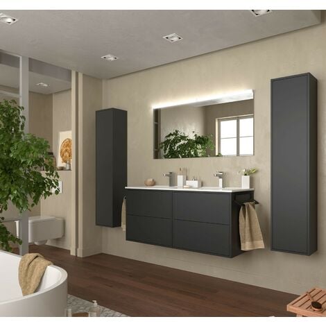Meuble de salle de bain suspendu 120 cm Ulisse en bois Noir mat avec lavabo  en