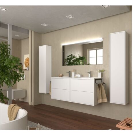Meuble de salle de bain suspendu 120 cm en bois blanc satiné avec vasque intégrée en porcelaine - Olympus - 120 cm Avec double miroir et lampe LED - Accessorio: Standard - Misura: 120 cm